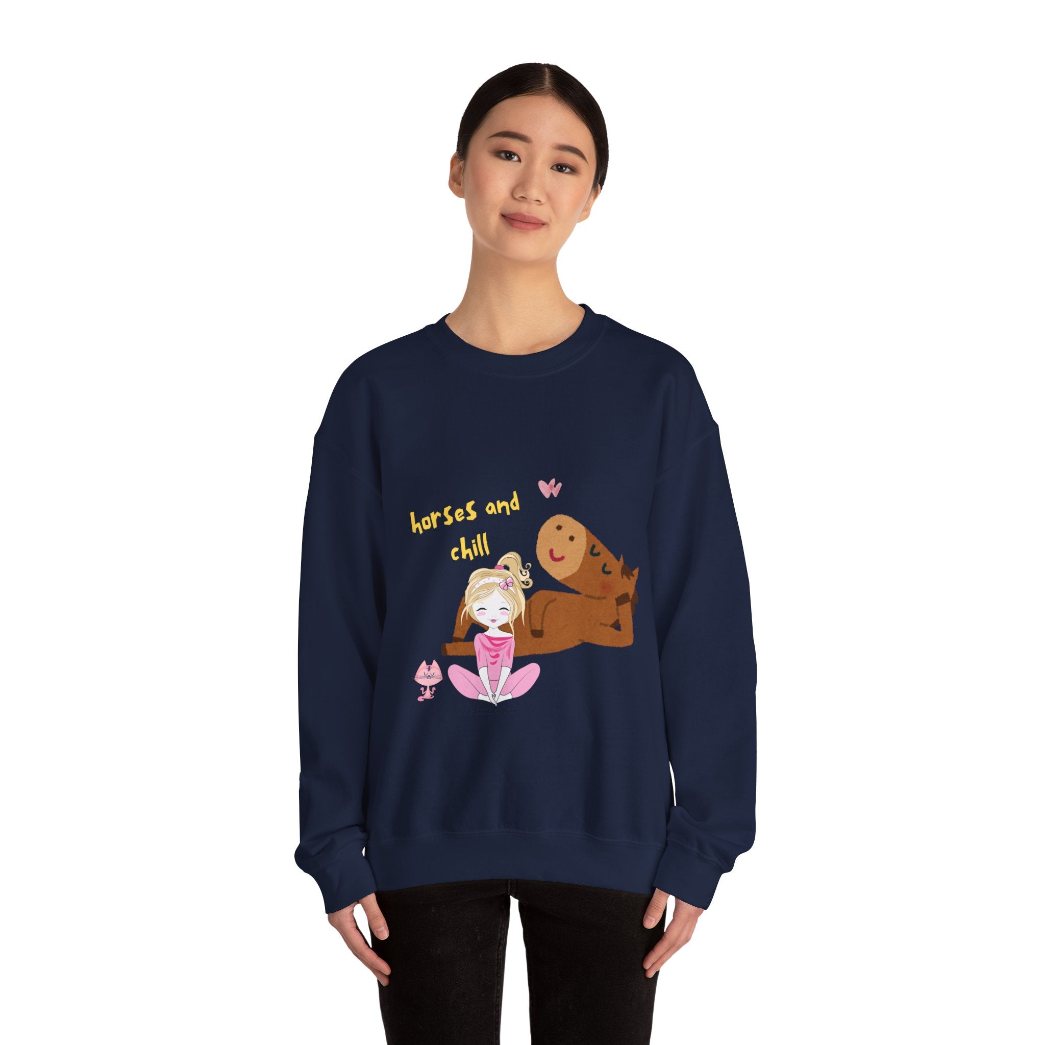 Horses and Chill Crewneck Sweatshirt — Cute Girl & Horse Graphic