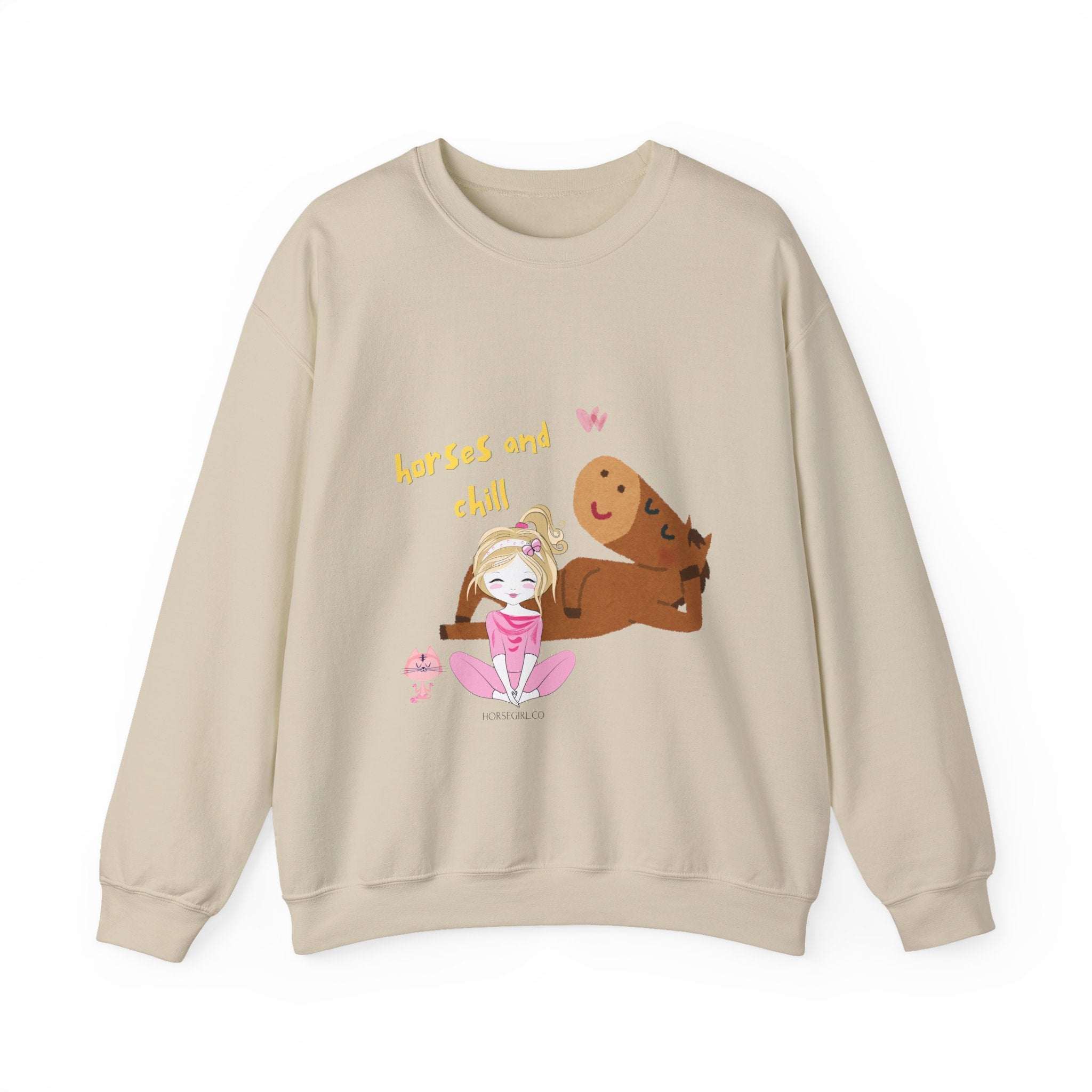 Horses and Chill Crewneck Sweatshirt — Cute Girl & Horse Graphic