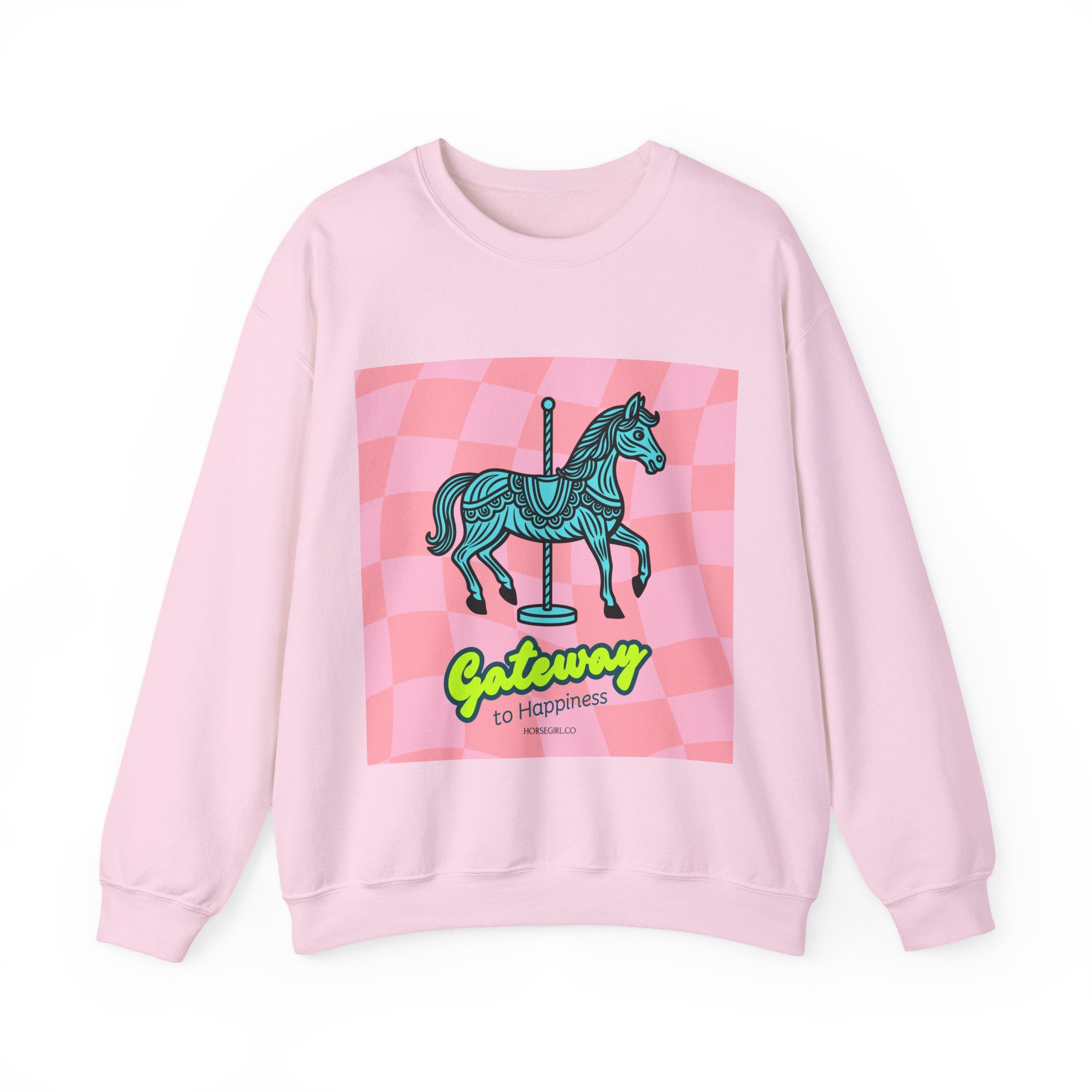 Crewneck Sweatshirt — 'Gateway to Happiness' Retro Carousel Horse Graphic