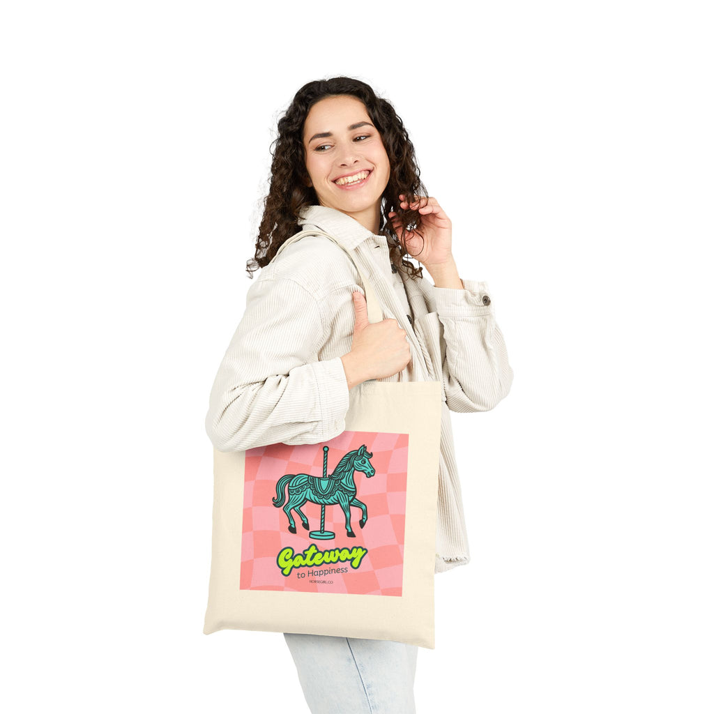 Tote Bag — 'Gateway' Carousel Horse Canvas Tote (Pink Checkered)