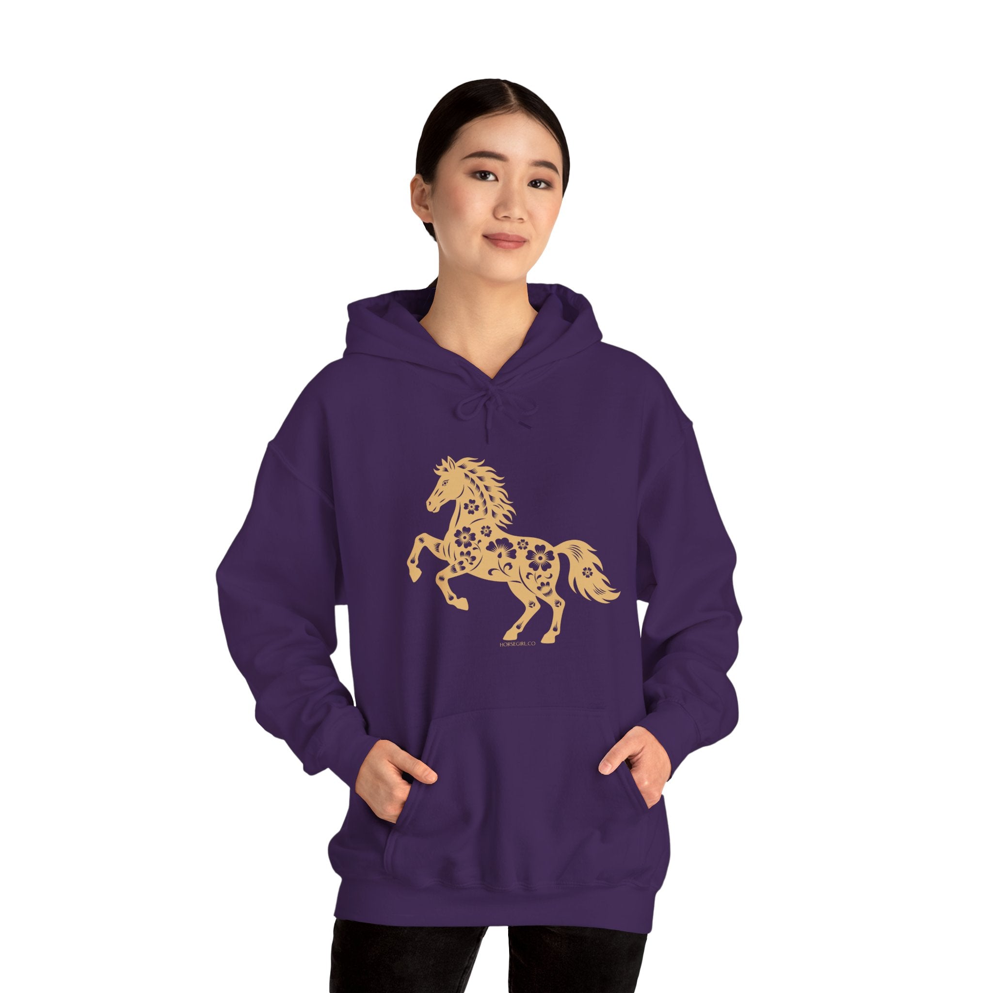 Golden Floral Horse Hoodie — Boho Style Equestrian Sweatshirt for Women