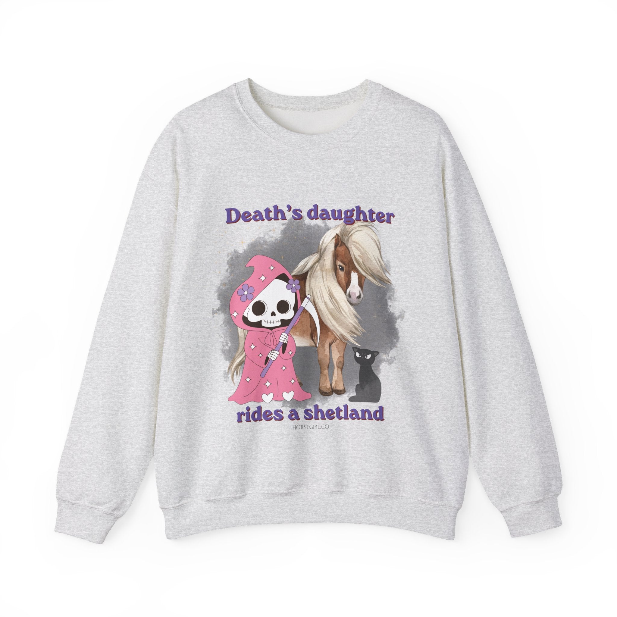 Horse Sweatshirt for Women — "Death's Daughter Rides a Shetland" Cute Grim Reaper & Shetland Pony Crewneck