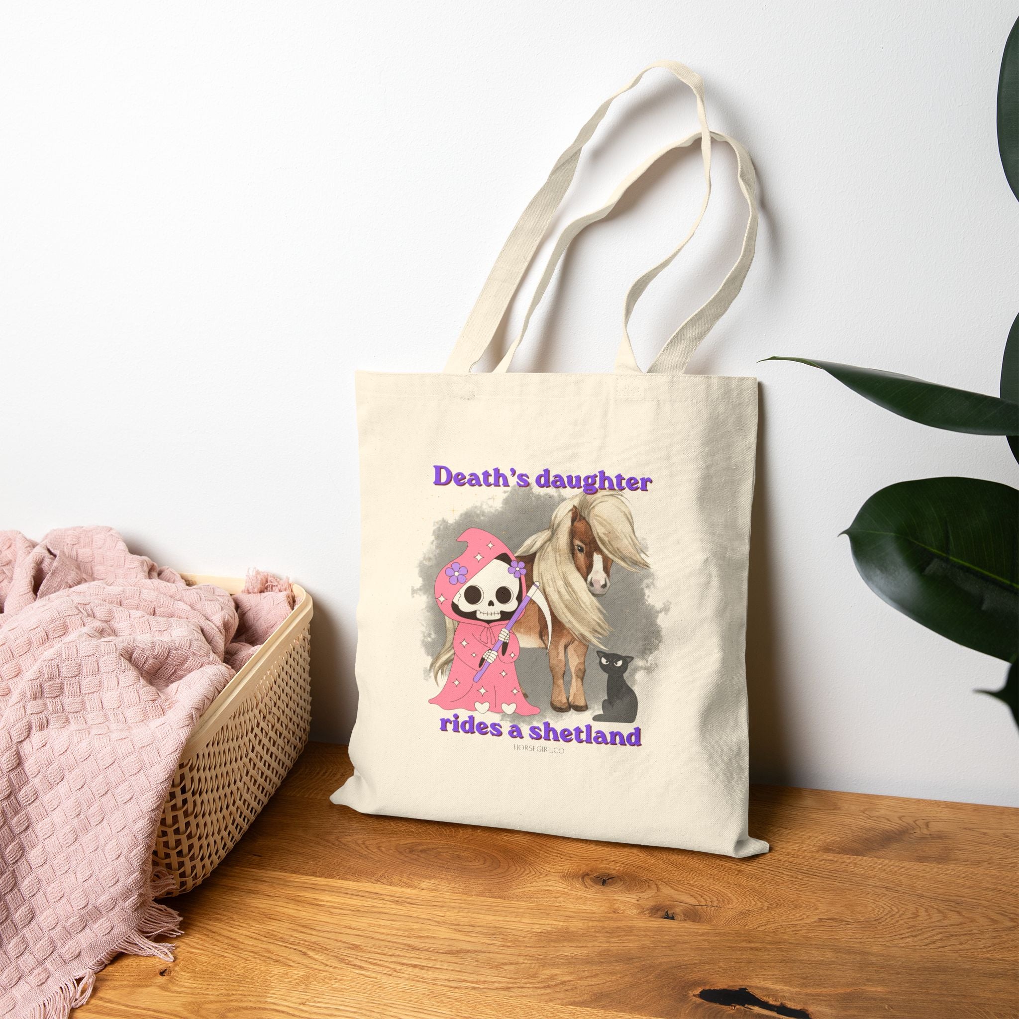 Horse Riding Tote Bag — "Death's Daughter Rides a Shetland" Cute Grim Reaper & Pony Canvas Tote