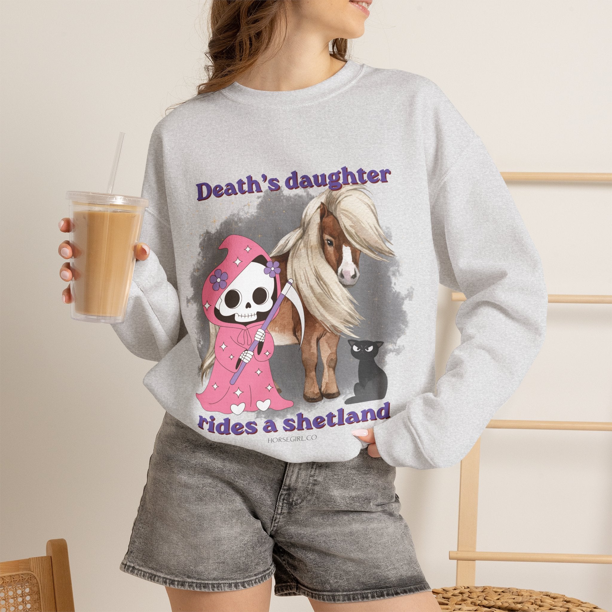 Horse Sweatshirt for Women — "Death's Daughter Rides a Shetland" Cute Grim Reaper & Shetland Pony Crewneck
