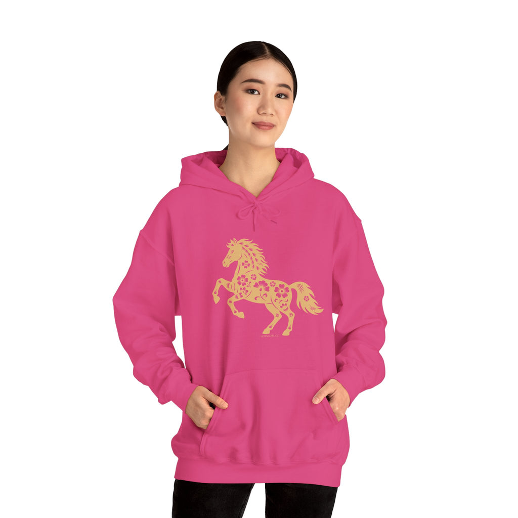 Golden Floral Horse Hoodie — Boho Style Equestrian Sweatshirt for Women