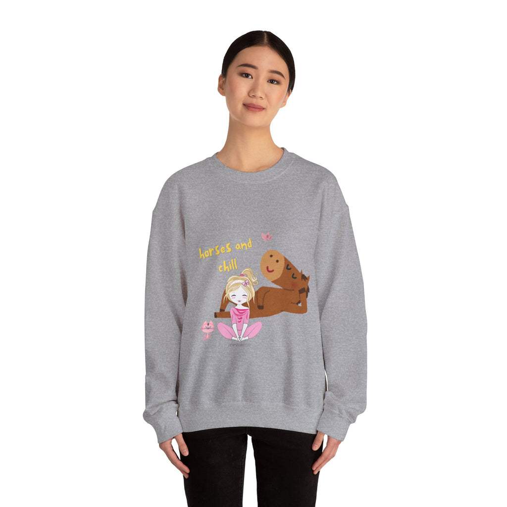 Horses and Chill Crewneck Sweatshirt — Cute Girl & Horse Graphic