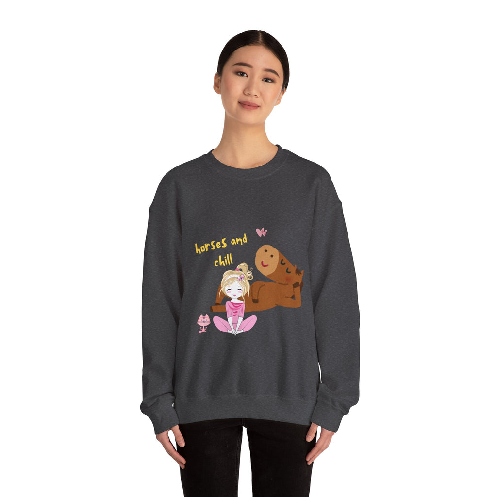 Horses and Chill Crewneck Sweatshirt — Cute Girl & Horse Graphic