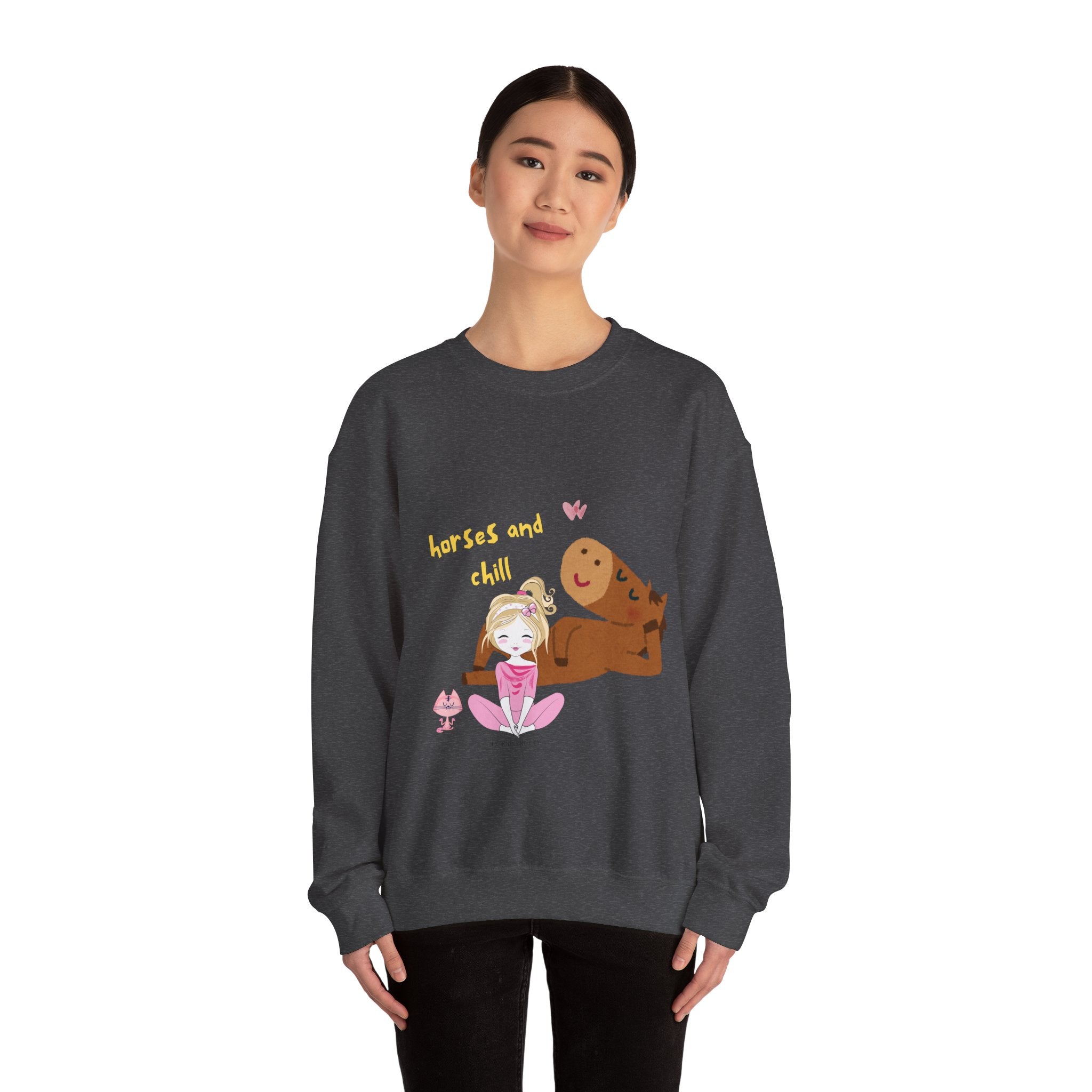 Horses and Chill Crewneck Sweatshirt — Cute Girl & Horse Graphic