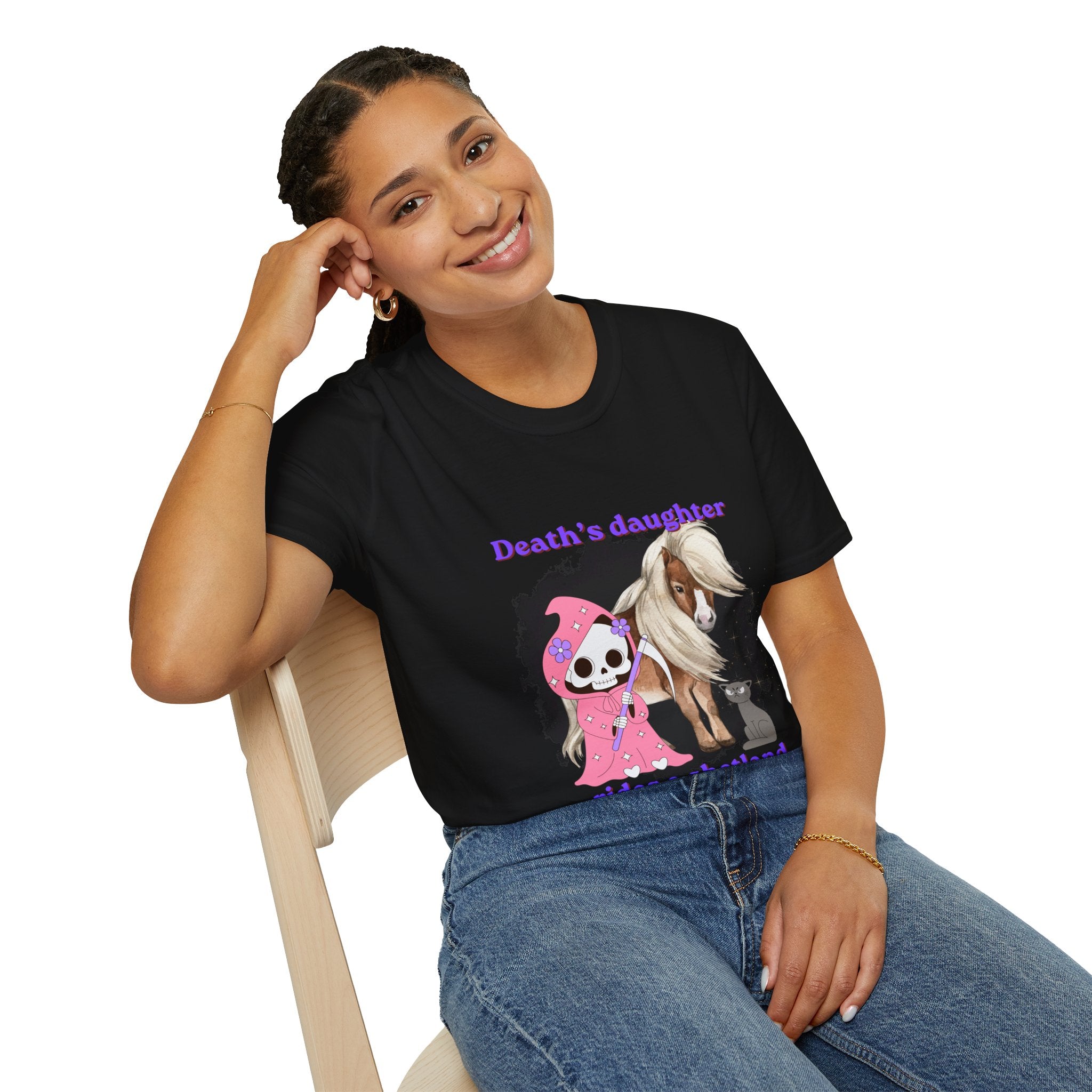 Death's Daughter Rides a Shetland T-Shirt — Cute Grim Reaper and Shetland Pony T Shirt for Women