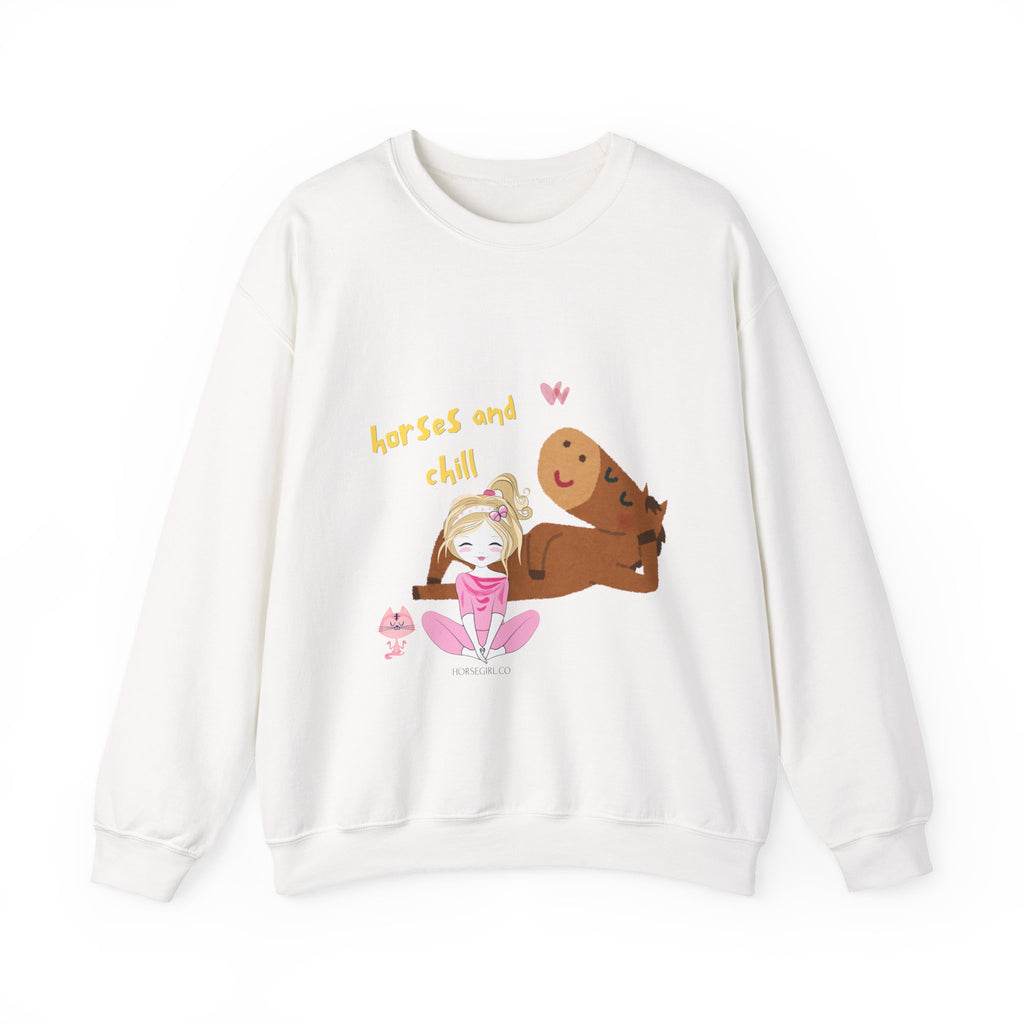 Horses and Chill Crewneck Sweatshirt — Cute Girl & Horse Graphic