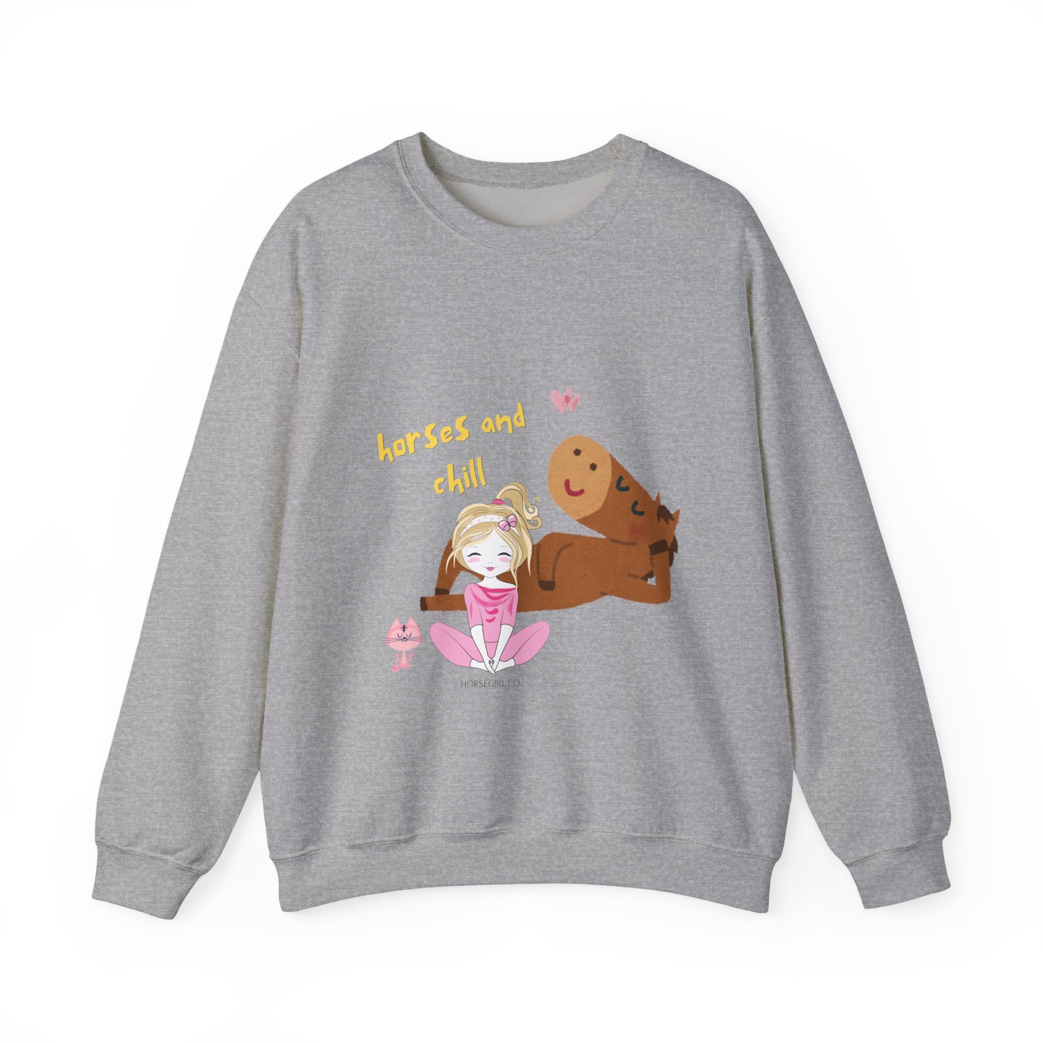 Horses and Chill Crewneck Sweatshirt — Cute Girl & Horse Graphic