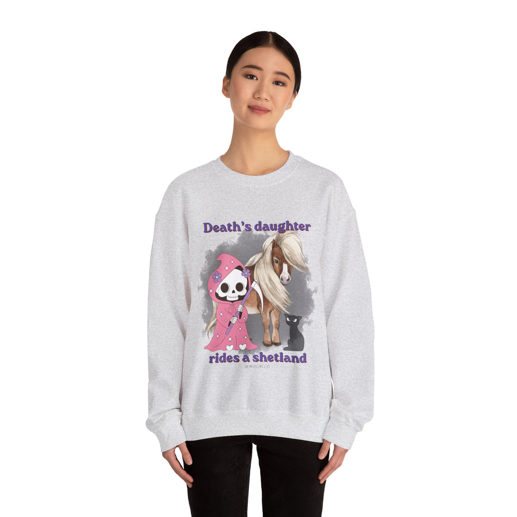 Horse Sweatshirt for Women — "Death's Daughter Rides a Shetland" Cute Grim Reaper & Shetland Pony Crewneck